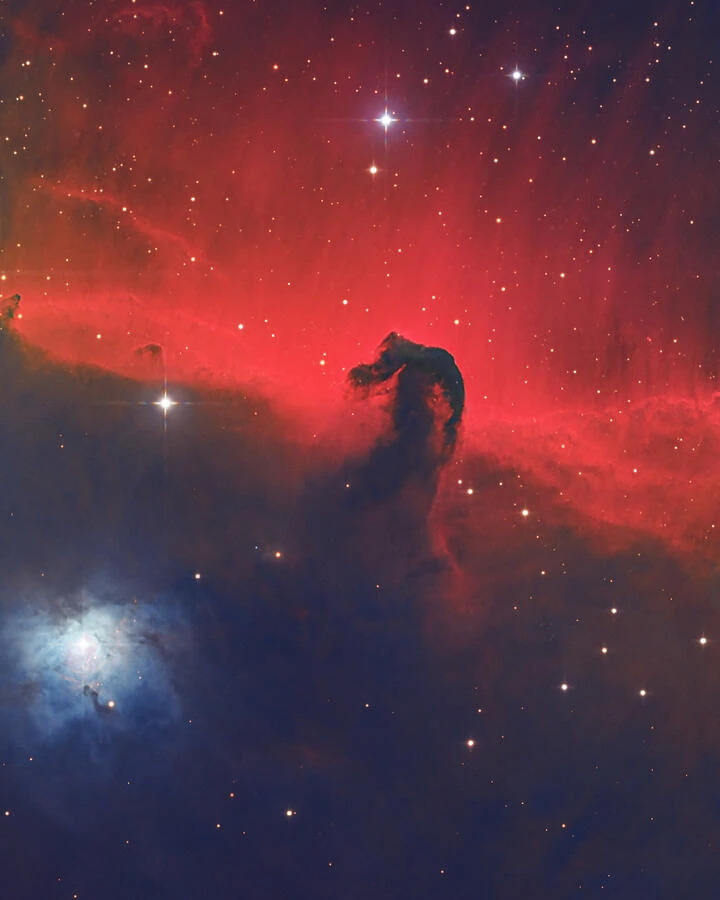 The dark silhouette of the Horsehead Nebula against the glowing gas of Orion.